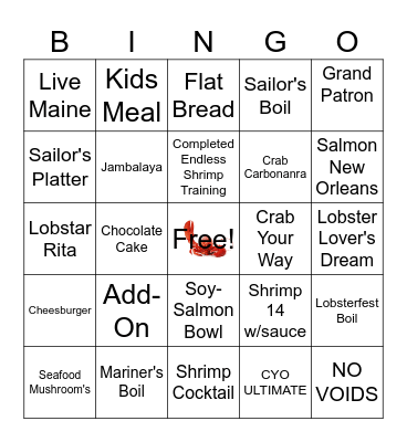 Red Lobster Bingo Card