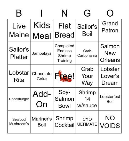 Red Lobster Bingo Card