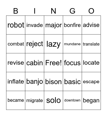 Syllable Bingo Card