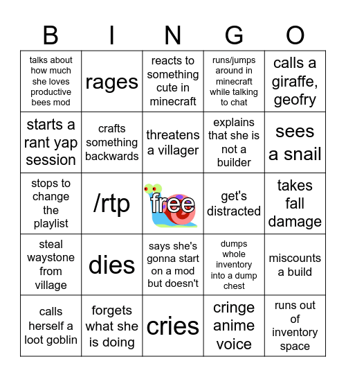 Sneelz Minecraft Bingo! Bingo Card