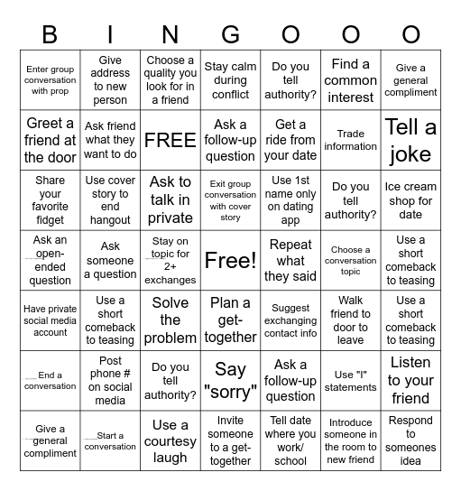 PEERS Bingo Card