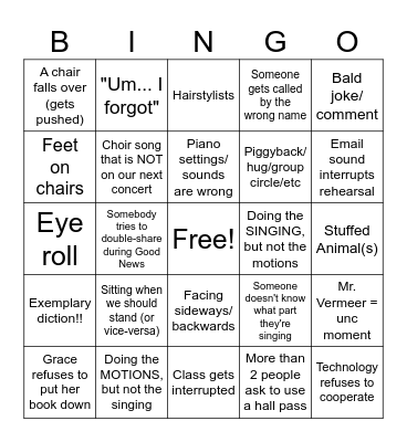 2nd Hour Choir Bingo Card