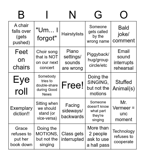 2nd Hour Choir Bingo Card