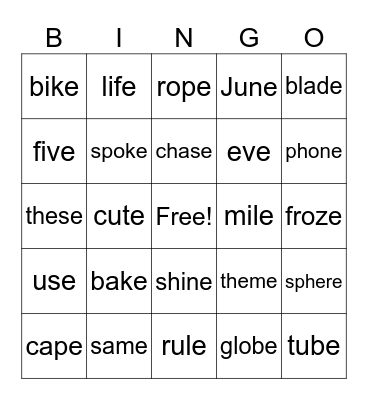 1st grade bossy e Bingo Card