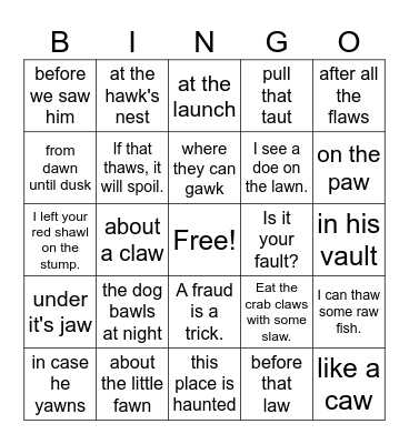 aw and au Phrases and Sentences Bingo Card