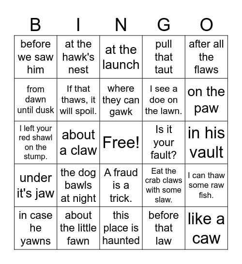 aw and au Phrases and Sentences Bingo Card