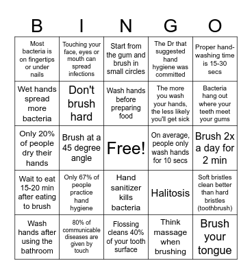 Hand and Oral Hygiene Bingo Card