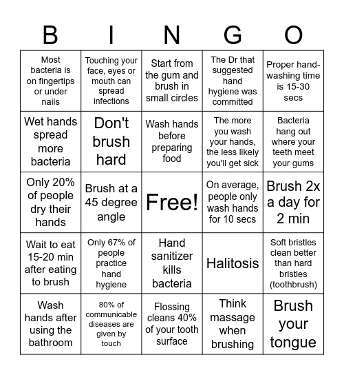 Hand and Oral Hygiene Bingo Card