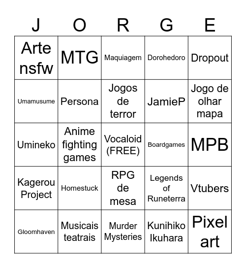 Hiperfocos do Jorge Bingo Card