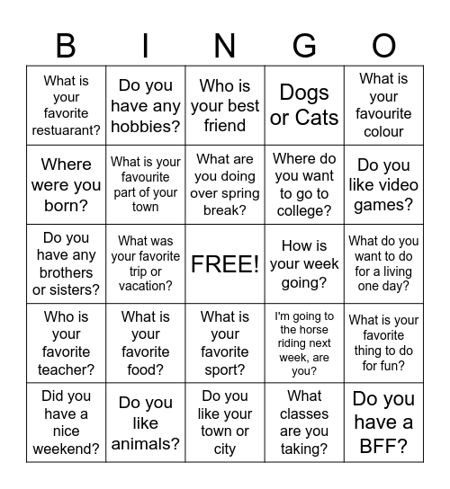 Conversation Bingo Card