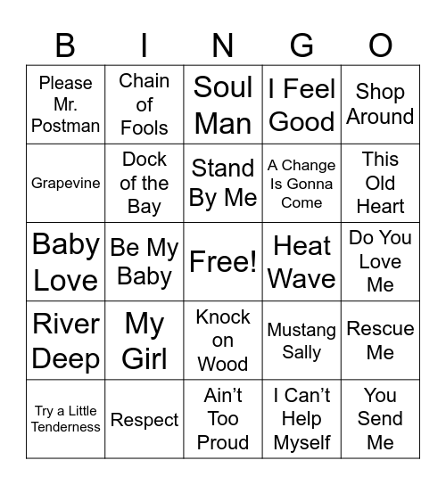 R&B 1960's Music Bingo Card
