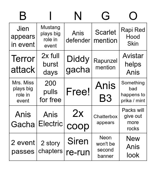 Nikke 3.5 Ani Bingo Card