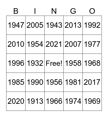 Bingo through the years Bingo Card