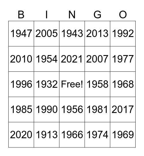 Bingo through the years Bingo Card