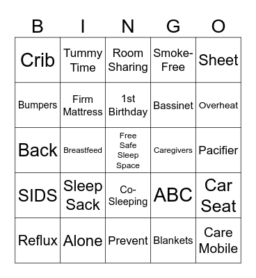Safe Sleep Bingo Card