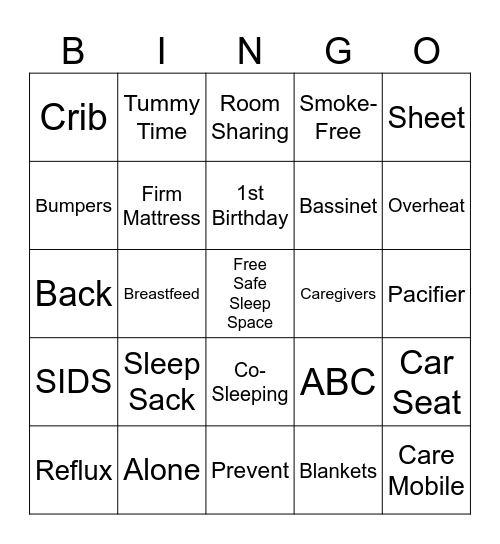 Safe Sleep Bingo Card