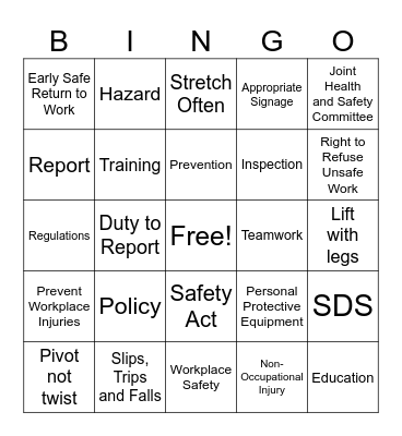 Health and Safety Week Bingo Card