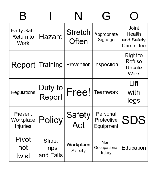 Health and Safety Week Bingo Card