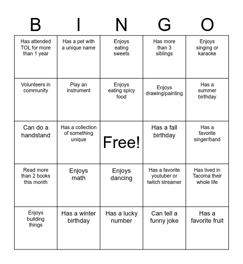 Get to know you BINGO Card