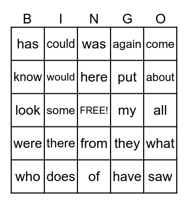 Heart Word Bingo Card