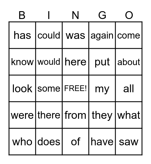 Heart Word Bingo Card
