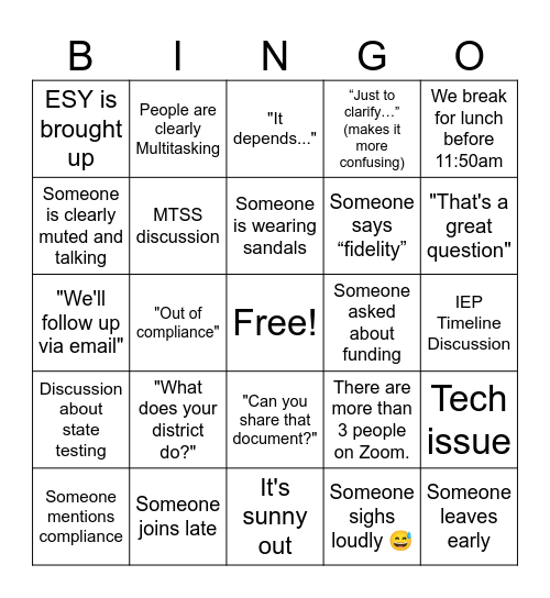 Coordinator Bingo Card