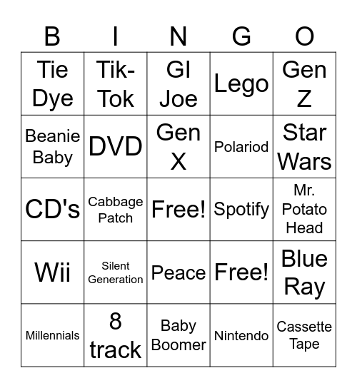 Generations Bingo Card