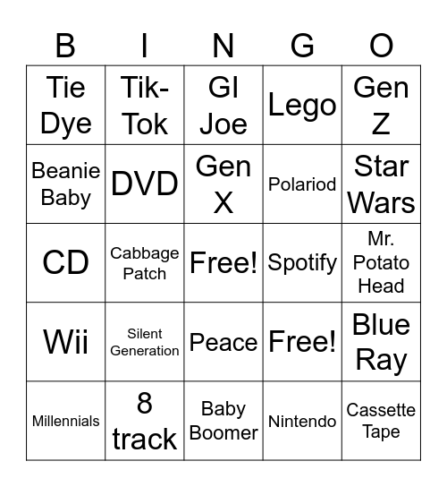 Generations Bingo Card