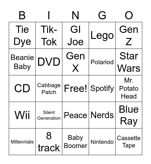 Generations Bingo Card