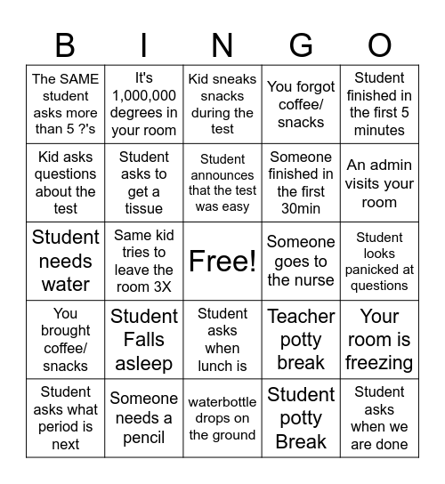 Exam Proctoring Bingo Card