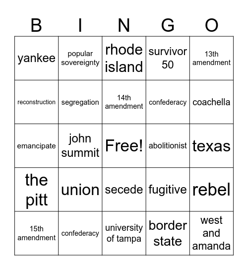 Civil War Vocab Bingo Card