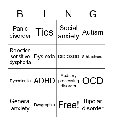 Mental illness Bingo Card