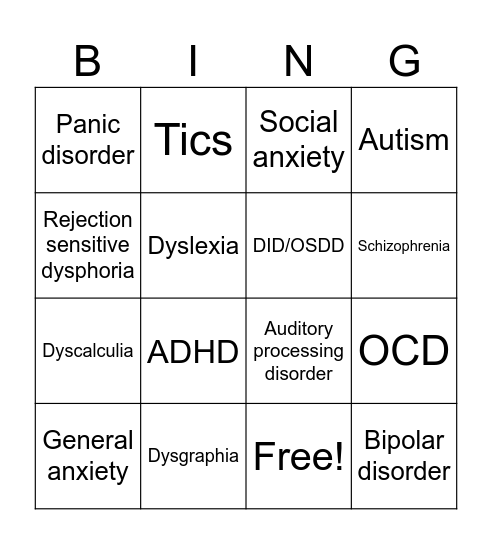 Mental illness Bingo Card