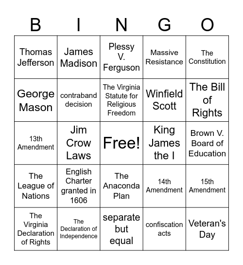 Important Documents and Amendments Bingo Card