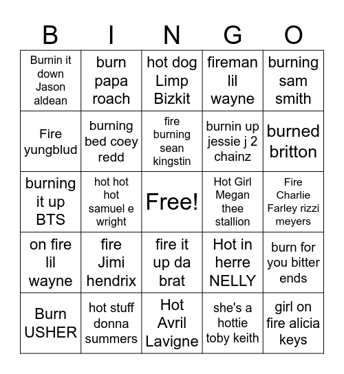 Burn, Fire & Hot Bingo Card