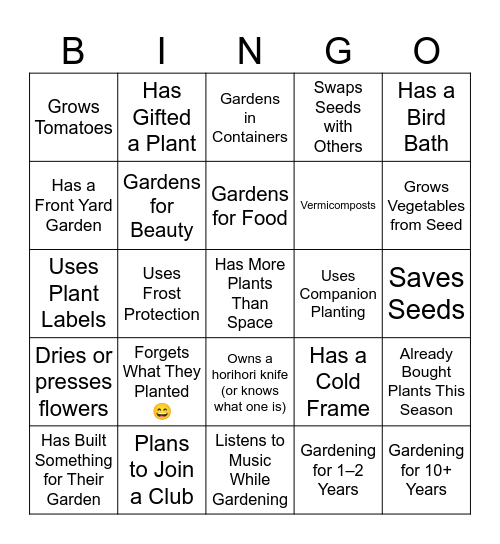 Garden Party Bingo Card