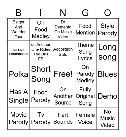 Weird Al Bingo Card