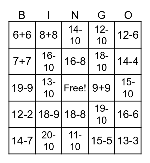 Doubles and 10 + Bingo Card