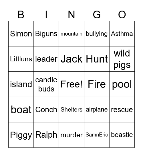 Lord of the Flies Bingo Card