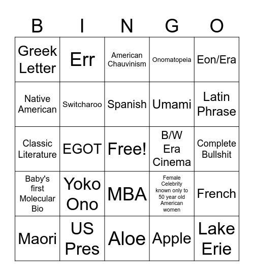 Crossword Bingo Card