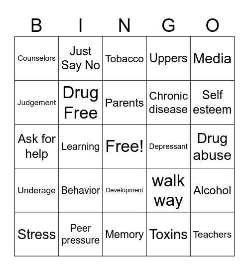 Drug Awareness Bingo Card