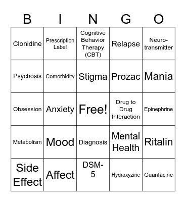 Mental Health Vocabulary Bingo Card
