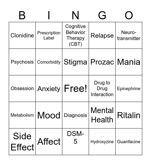 Mental Health Vocabulary Bingo Card