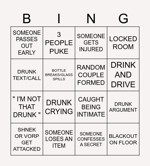Saturday Party Bingo Card