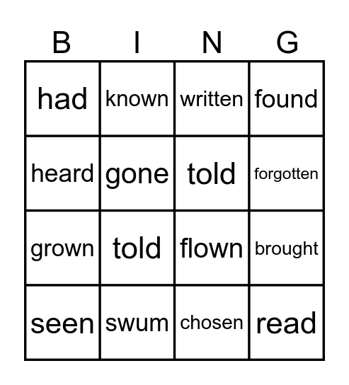 Past Participles Bingo Card