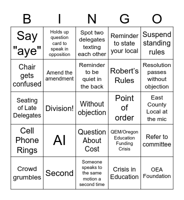 OEA Representative Assembly 2026 Bingo Card