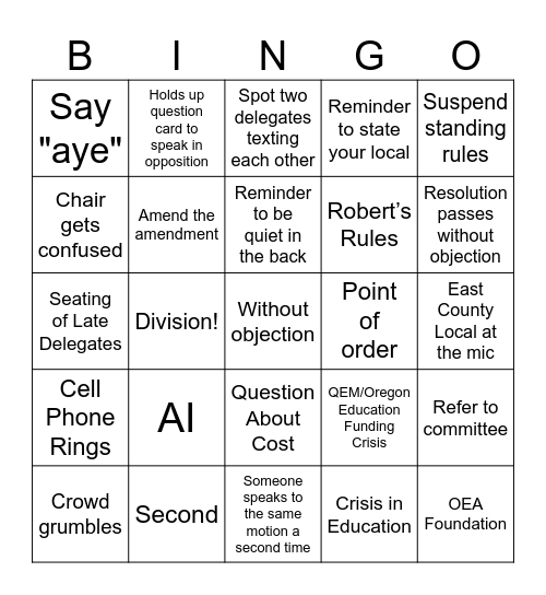 OEA Representative Assembly 2026 Bingo Card