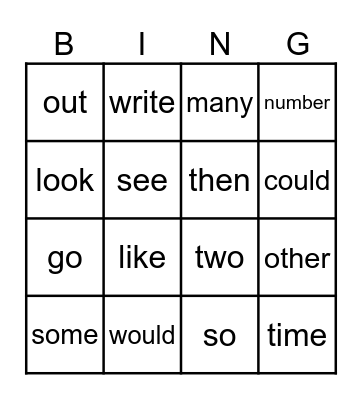 Sight word bingo Card