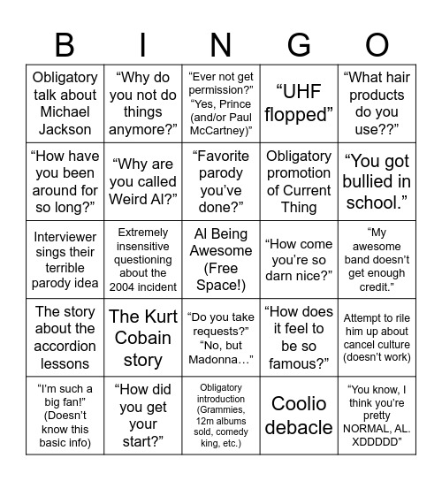 Weird Al Interview Bingo Card