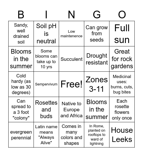 Hens and Chicks Succulent Plant Bingo Card
